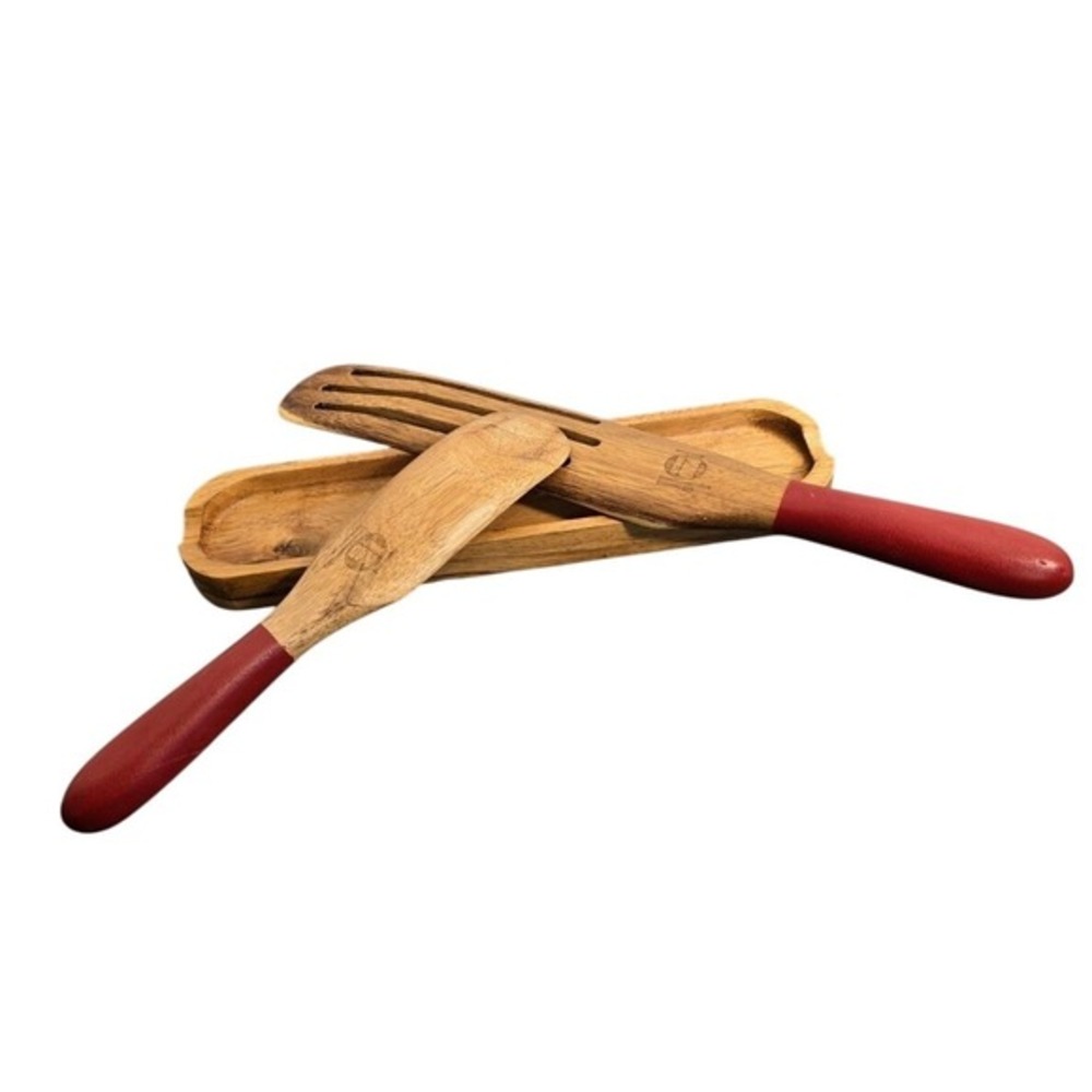 Mad Hungry Acacia Wood Kitchen Set Slotted Spurtles Holder Red‎ Handles 7 Piece